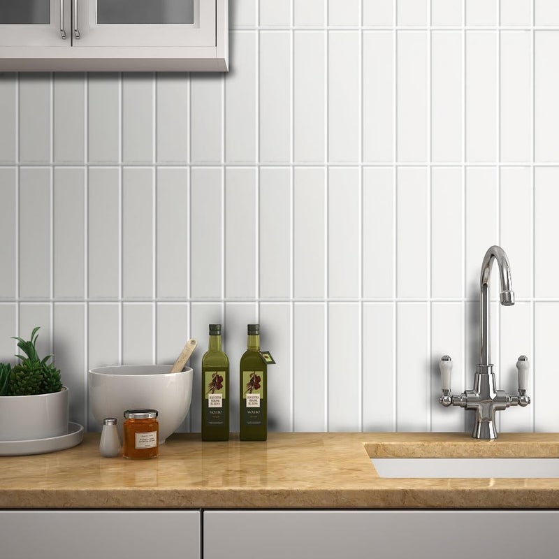 Decopus Peel and Stick Subway Tile Backsplash (Luxury Stone Composite - Ceramic White 2.5" x10"Brick x 42 pcs) for Kitchen, Bathroom, Accent Wall - Tile for Remodelling - Image 5